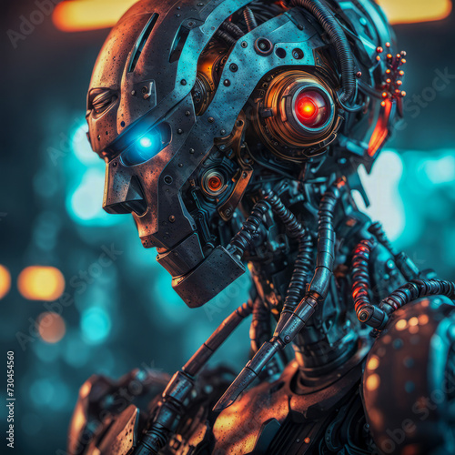 close up of an humanoid robot showing the artificial intelligence power