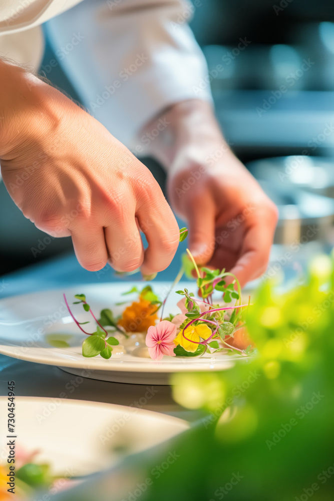 Chef's hands put decorations on a dish with greens and flowers, food decorations in a restaurant