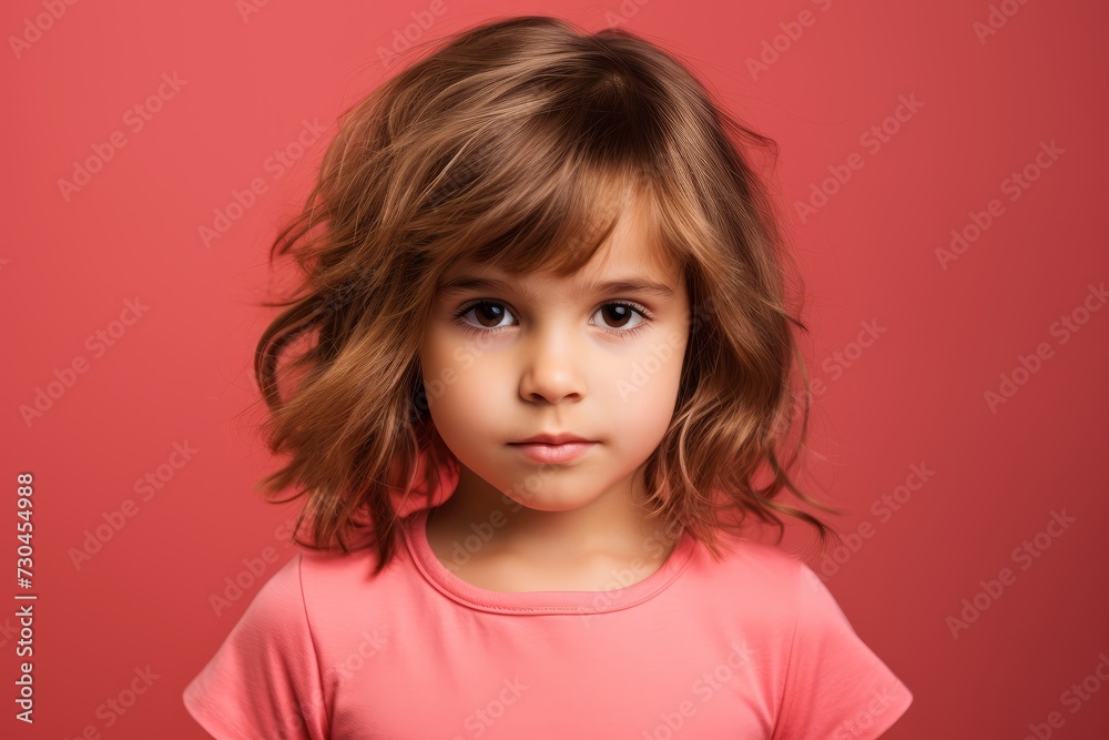 Portrait of a cute little girl in a pink t-shirt on a red background. Portrait of a cute little girl in a pink t-shirt on a red background.