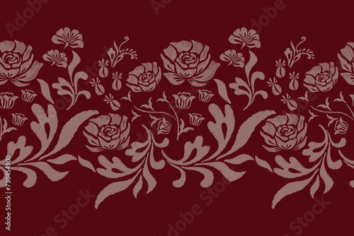 Vintage Damask Floral pattern seamless background border . Red rose silhouette flowers embroidery batik pattern oriental design. Spring summer flower vector illustration on red macaroon background. 