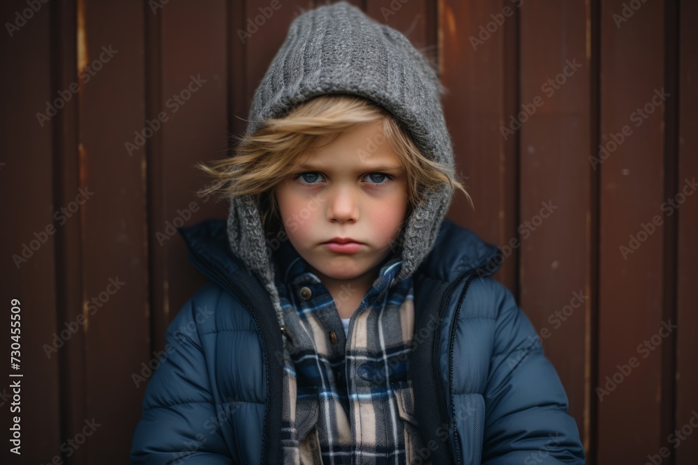 Portrait of a cute little boy in a gray hat and blue jacket Portrait of a cute little boy in a gray hat and blue jacket