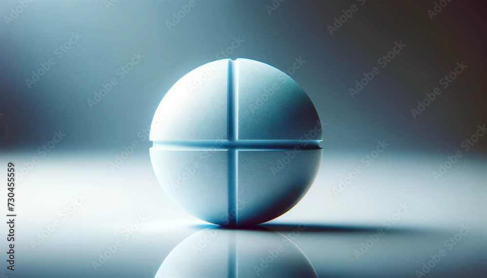 Close-up of one round medical tablet lying on a reflective white surface. The tablet is the focal point, having a glossy surface showing detailed texture and color variations.