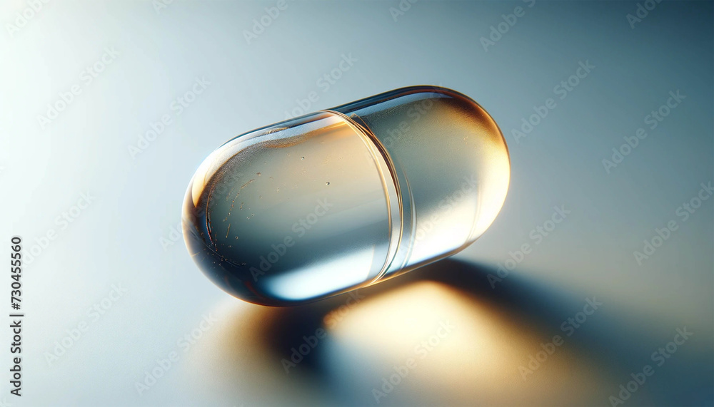 A horizontal photorealistic style image showing a close-up of a translucent gel capsule with visible liquid contents. The lighting highlights the translucent texture of the capsule and the color of th