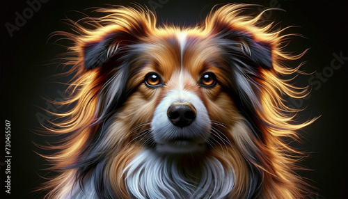 Close-up of the dog in a horizontal orientation, highlighting the photorealistic textures and details. The image reveals the subtle features of the dog's coat, eyes and expression, drawn with great de