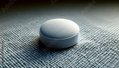 Close-up horizontal image of a medical tablet with a matte surface lying on a textured fabric surface. The image shows the detailed texture, shape and color of the tablet with high detail and photorea photo