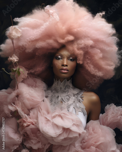 Portrait of a beautiful African or African American woman with an unusual hairstyle in pastel colors