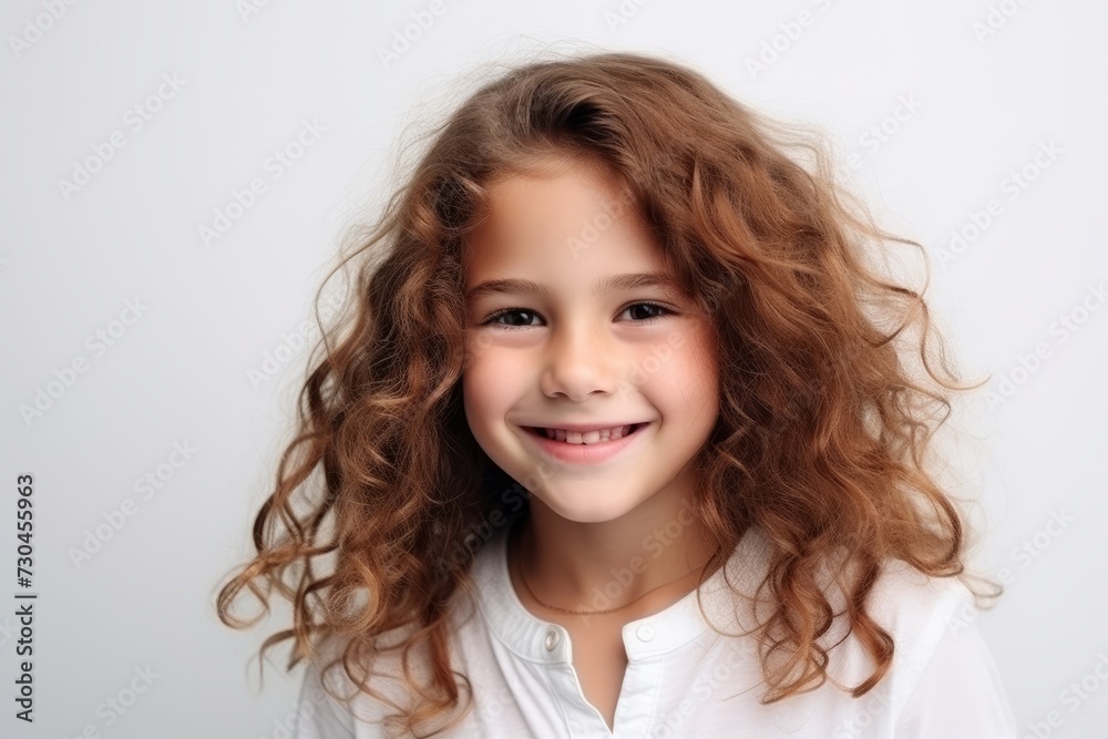 Portrait of a cute little girl with long curly hair over grey background Portrait of a cute little girl with long curly hair over grey background