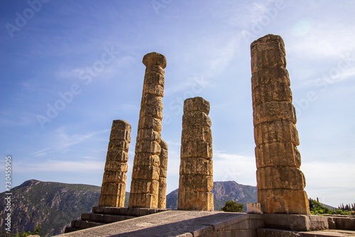 Ruined columns of Delphi. Archaeological site in Greece. Greek religious sanctuaries to the god Apollo. UNESCO World Heritage. View of ancient Delphi columns.