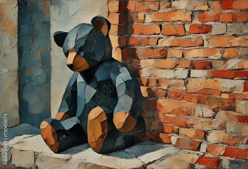 AI generated illustration of a mosaic artwork of a teddy bear adorning a wall