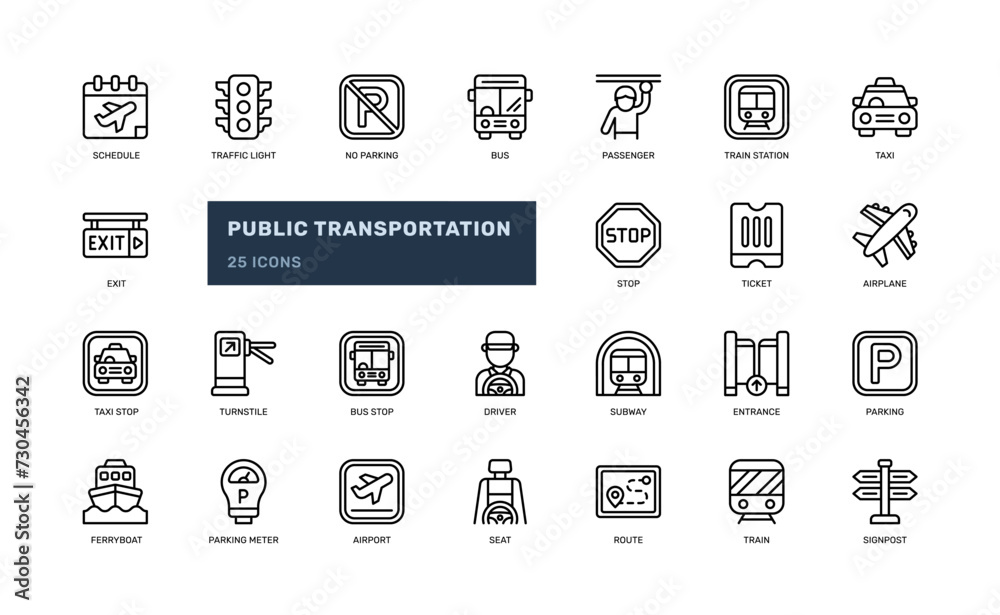 public transportation mass transport for passenger and road sign detailed outline line icon set