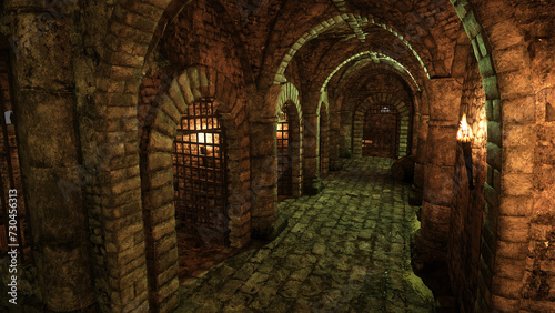 Passage in an old medieval castle dungeon with a row of empty jail cells. 3D illustration.