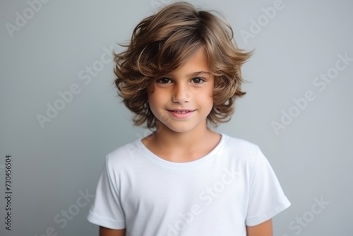 Portrait of a cute little boy with curly hair over grey background © Loli