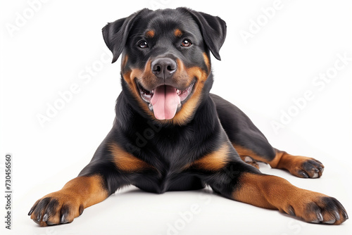 Joyful Rottweiler: Happy, Cute, and Relaxed Pet Laying on Front Legs White Background © Richard
