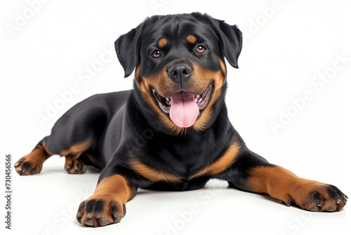 Joyful Rottweiler: Happy, Cute, and Relaxed Pet Laying on Front Legs White Background