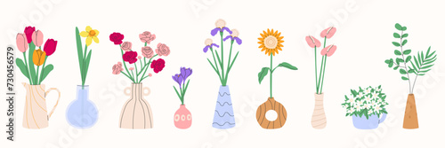 Flower bouquet in vase.Spring and summer flowers, plants for decoration, blooming herbs isolated on white background.Decor abstract ceramic pots. Vector illustration EPS 10