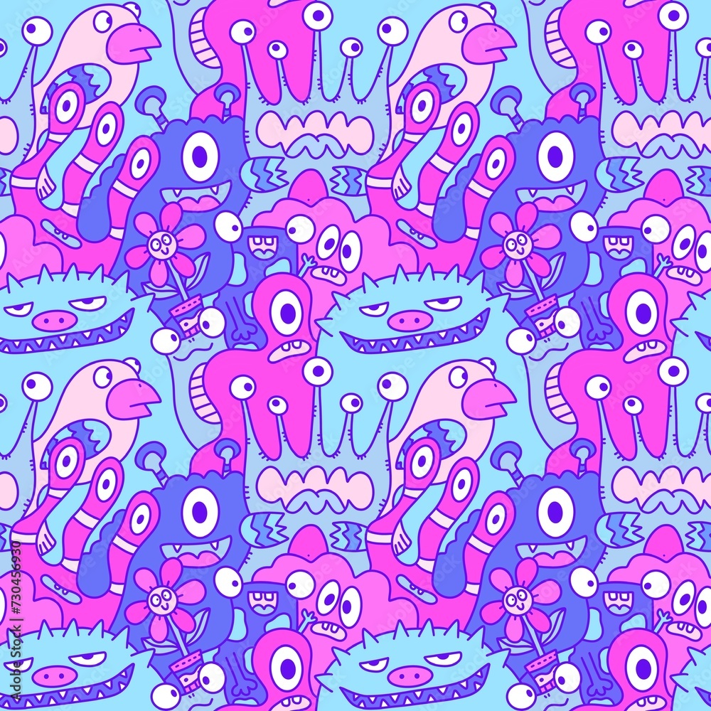 Cartoon monsters seamless funny aliens and rabbit and cactus and flower pattern for wrapping paper and linens Cartoon monsters seamless funny aliens and rabbit and cactus and flower pattern for wrapping paper and linens
