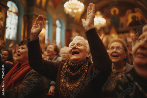 Christian Celebration in a Church, Group of Elderly Believers Enjoying a Resurrection Sunday Mass