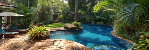 Backyard pool garden with patio, furniture, and excellent landscaping design photo