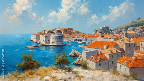 Watercolor painting of small Balkan town photo