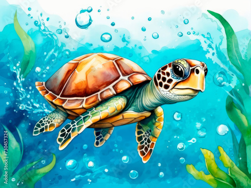 Colorful turtle swimming in turquoise waters. Illustration in vibrant watercolor style