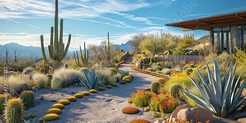 Backyard Southwestern desert garden with patio, furniture, and excellent landscaping design photo
