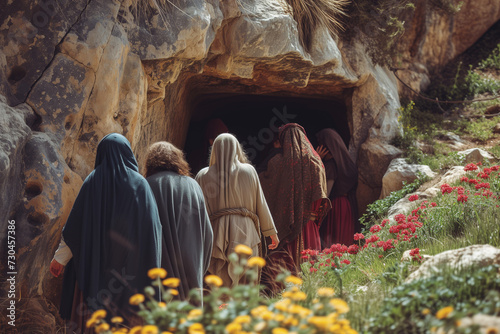 Empty Tomb of Jesus on Resurrection Sunday, group of apostles discovering the empty tomb in the cave of the mountain photo
