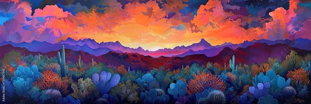 Arizona desert sunset panoramic - obrazy, fototapety, plakaty 