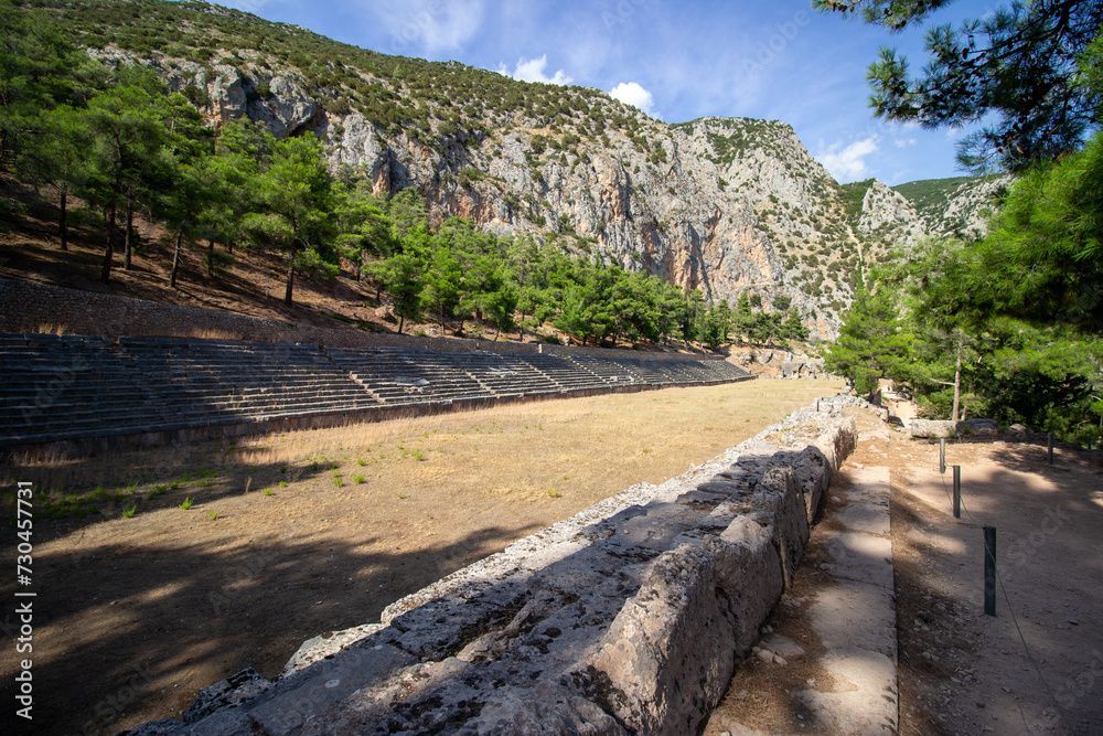 The ancient stadium of Delphi is located at the highest point of the sanctuary of the Apollo archaeological site. One of the most important ancient Greek religious sanctuaries to the god Apollo. The ancient stadium of Delphi is located at the highest point of the sanctuary of the Apollo archaeological site. One of the most important ancient Greek religious sanctuaries to the god Apollo.