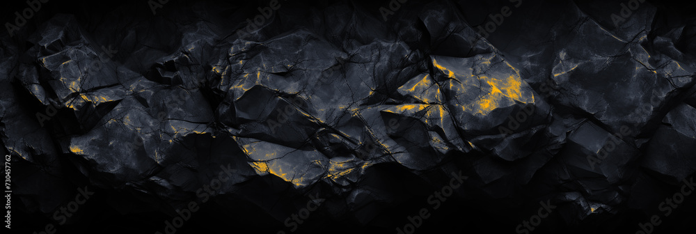 Panoramic black stone background banner design. Dark gold rock grunge texture. Mountain surface close-up cracked empty copy space