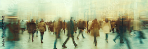 People walking in the city. Blurred motion. Abstract background.