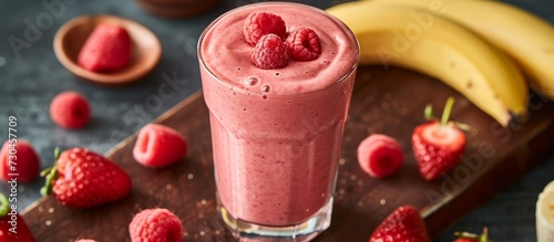 Glass containing a smoothie made from strawberries, raspberries, and banana. photo