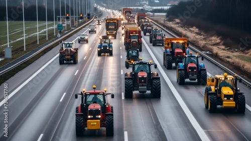A convoy of tractors with activated lights participating in a rally on a busy urban road. photo