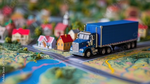 Moving truck driving on a map - toy concept for relocation and navigating life changes with GPS and mapping.