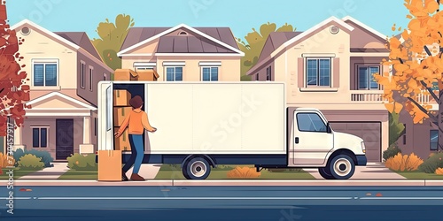 Happy couple loading and unloading moving truck with cardboard boxes. Moving and relocation concept