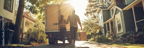 Happy couple loading and unloading moving truck with cardboard boxes. Moving and relocation concept photo