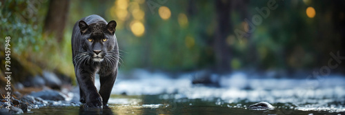 Panoramic image of a black panther in the river. Jaguar walking through a jungle low angle image in low light. photo