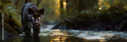 Panoramic image of a black panther in the river. Jaguar walking through a jungle low angle image in low light.
