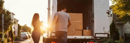 Happy couple loading and unloading moving truck with cardboard boxes. Moving and relocation concept photo