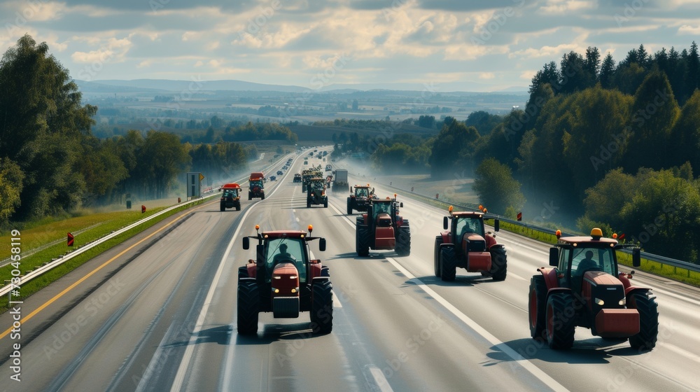 A convoy of tractors with activated lights participating in a rally on a busy urban road.