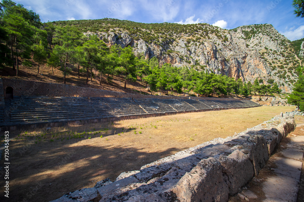  The ancient stadium of Delphi is located at the highest point of the sanctuary of the Apollo archaeological site. One of the most important ancient Greek religious sanctuaries to the god Apollo. 