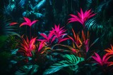 Colorful Neon Light Tropical Jungle Plants in a Dreamlike Enchanting Scenery 