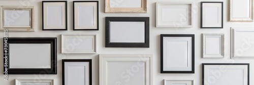 Collection of picture frames hanging on the wall. Blank templates ready for customization and personalization