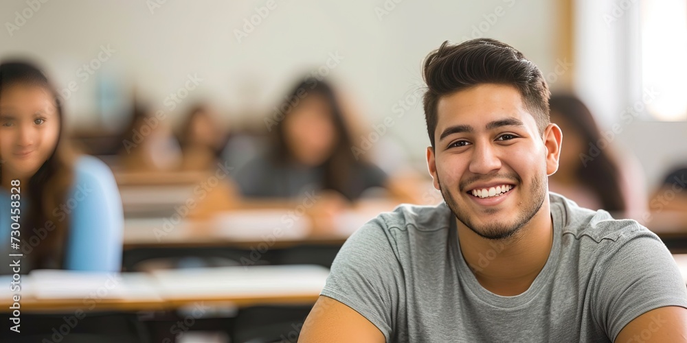 Latino student in sitting in classroom with a friendly smile and classmates in the blurred background Latino student in sitting in classroom with a friendly smile and classmates in the blurred background