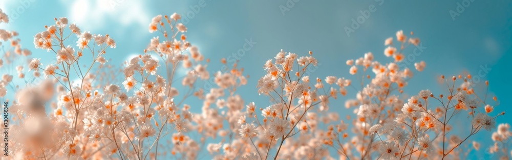 white flowers with dark clouds against a blue sky in the style of bokeh panorama Generative AI