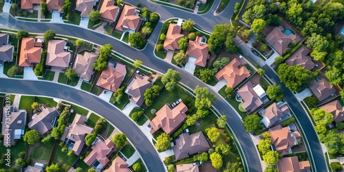 Overhead aerial photo of a residential neighborhood development 