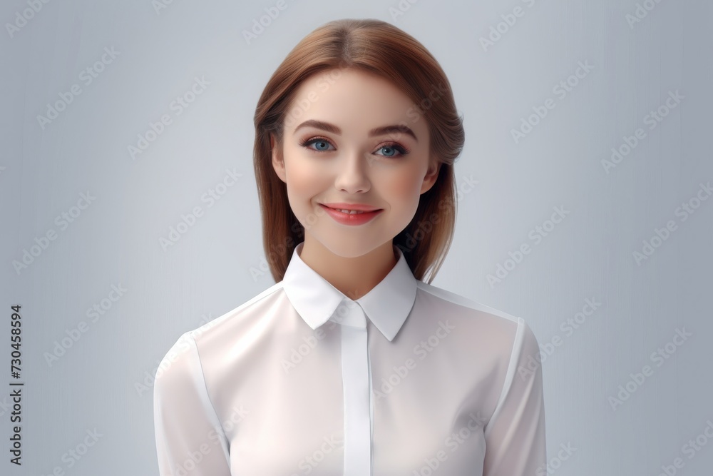 A hyper-realistic 3D model depicts a young, cute Asian businesswoman standing with a smile in an office attire against an isolated white background. Generative AI. A hyper-realistic 3D model depicts a young, cute Asian businesswoman standing with a smile in an office attire against an isolated white background. Generative AI.