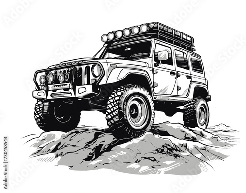Off road vehicle. Exploration trip. Black and white vector illustration.