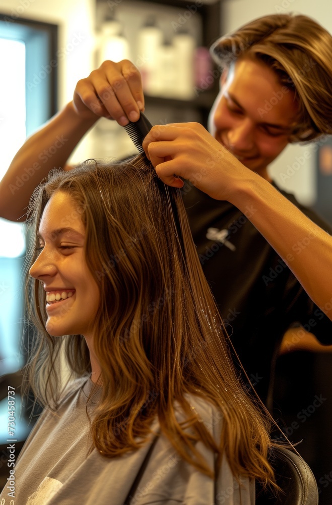 Naklejka premium A smiling young woman enjoys having her hair styled by a focused hairdresser in a modern salon setting.