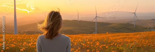 Woman overlooking wind farm with windmill turbine power generators in a hilly outdoor landscape