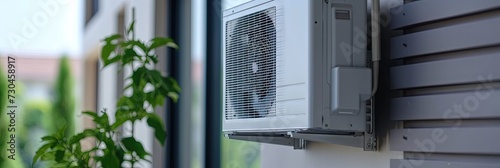 Outdoor HVAC air conditioning unit with heating and cooling capabilities for climate control photo